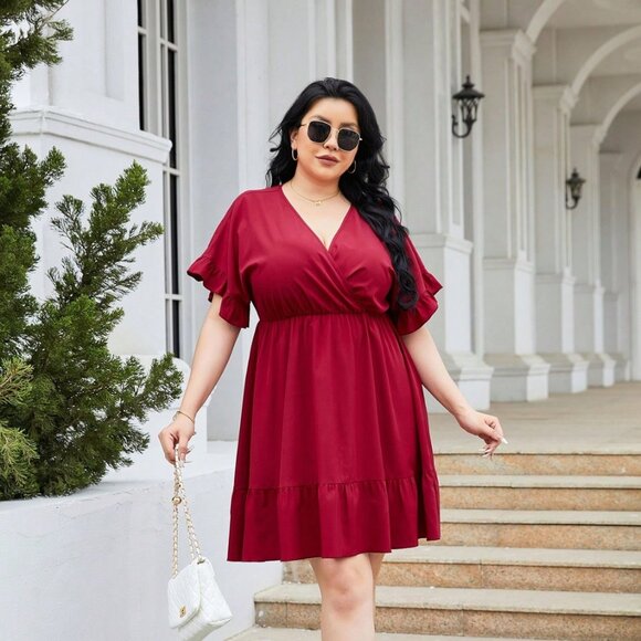 Plus Size Ruched Surplice Flounce Sleeve Mini Dress - Picture 7 of 10
